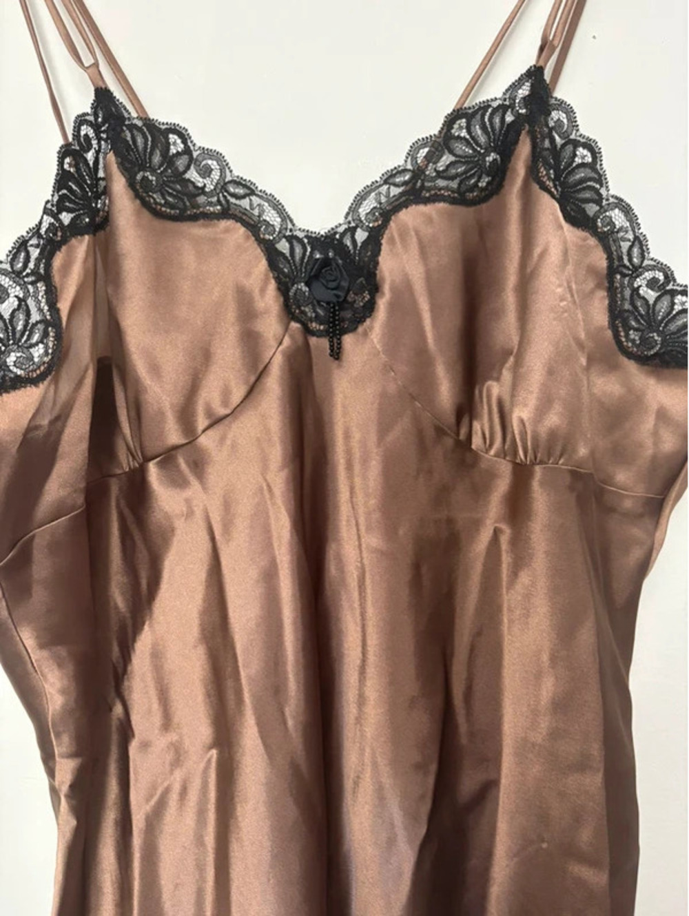 Vintage 1X Brown Satin Black Lace Teddy Slip Lingerie Made in USA